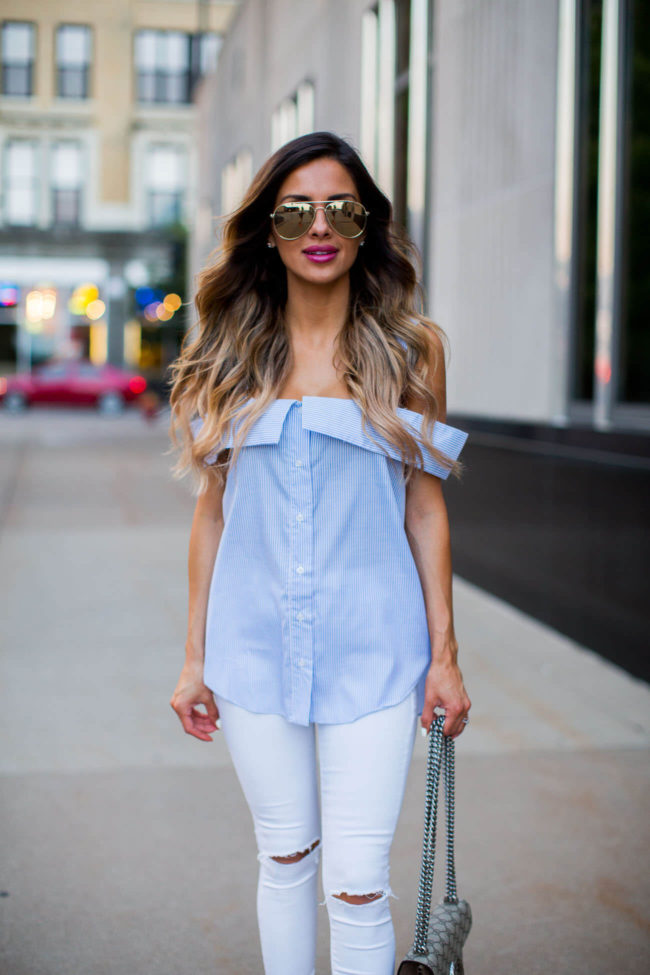 fashion blogger mia mia mine in a striped cold-shoulder top and white jeans from nordstrom