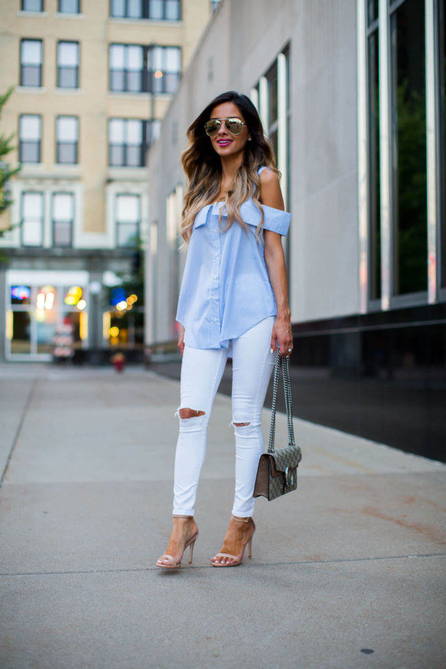 minnesota fashion blogger mia mia mine in a blue and white striped off-the-shoulder top and white topshop jeans