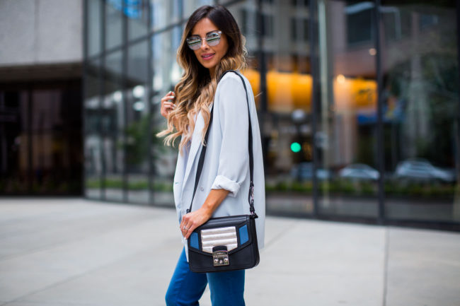 fashion blogger mia mia mine wearing a mint blazer from nordstrom and a furla bag
