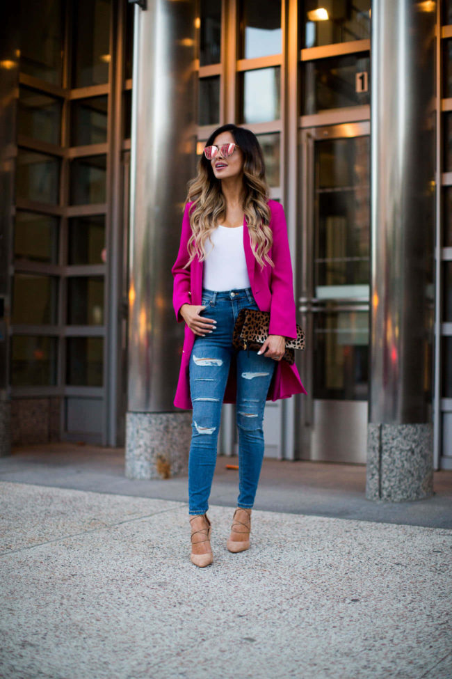mia mia mine in a pink topshop blazer from nordstrom
