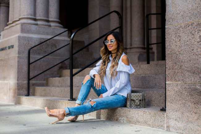 fashion blogger mia mia mine in a cold shoulder top by topshop