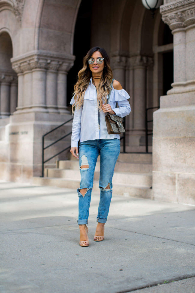 fashion blogger mia mia mine in a cold shoulder striped top from nordstrom