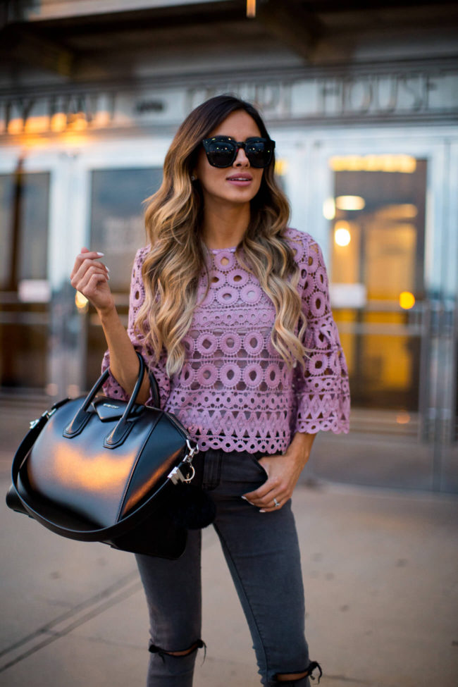 fashion blogger mia mia mine in a crochet top and gray jeans from asos