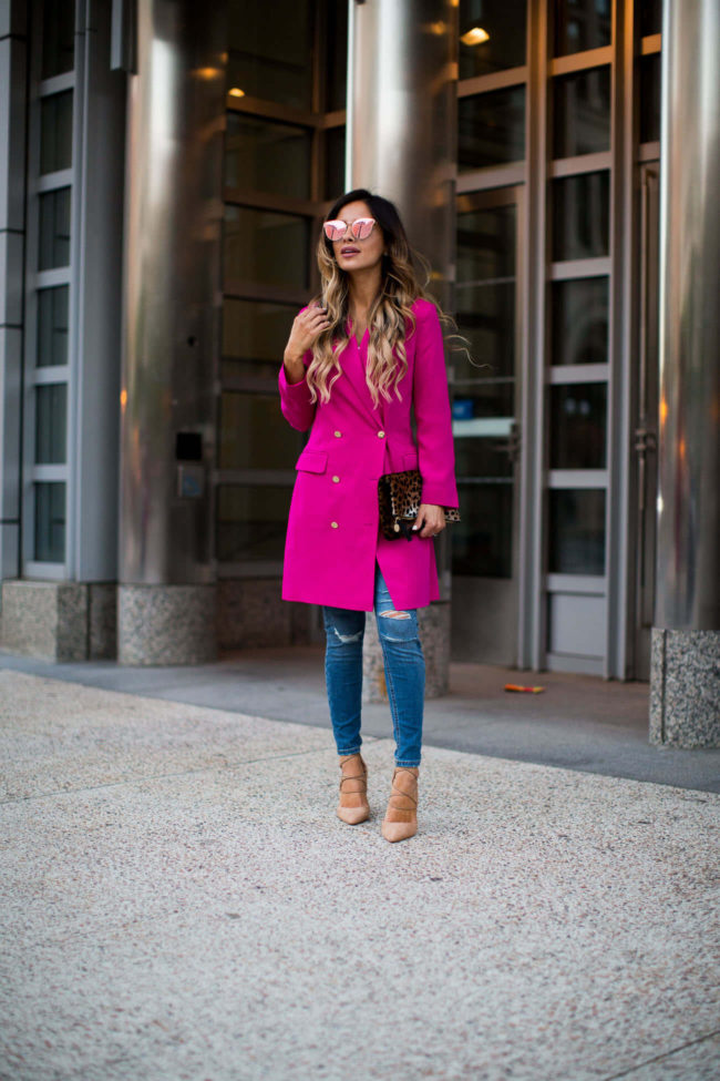 fashion blogger mia mia mine in a bright pink topshop blazer and jeans from nordstrom