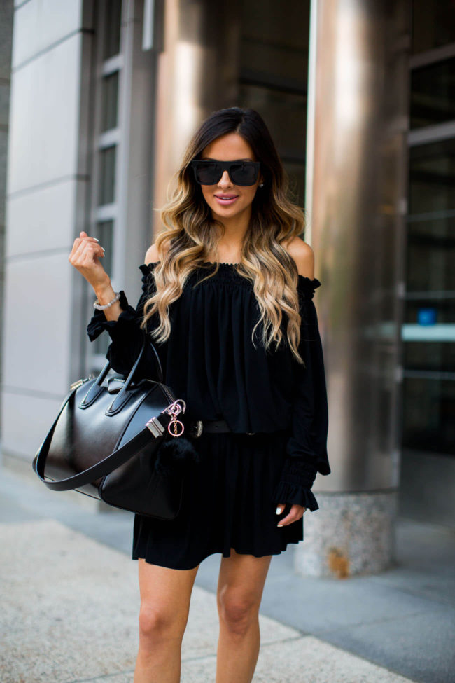 fashion blogger mia mia mine black off-the-shoulder peasant dress