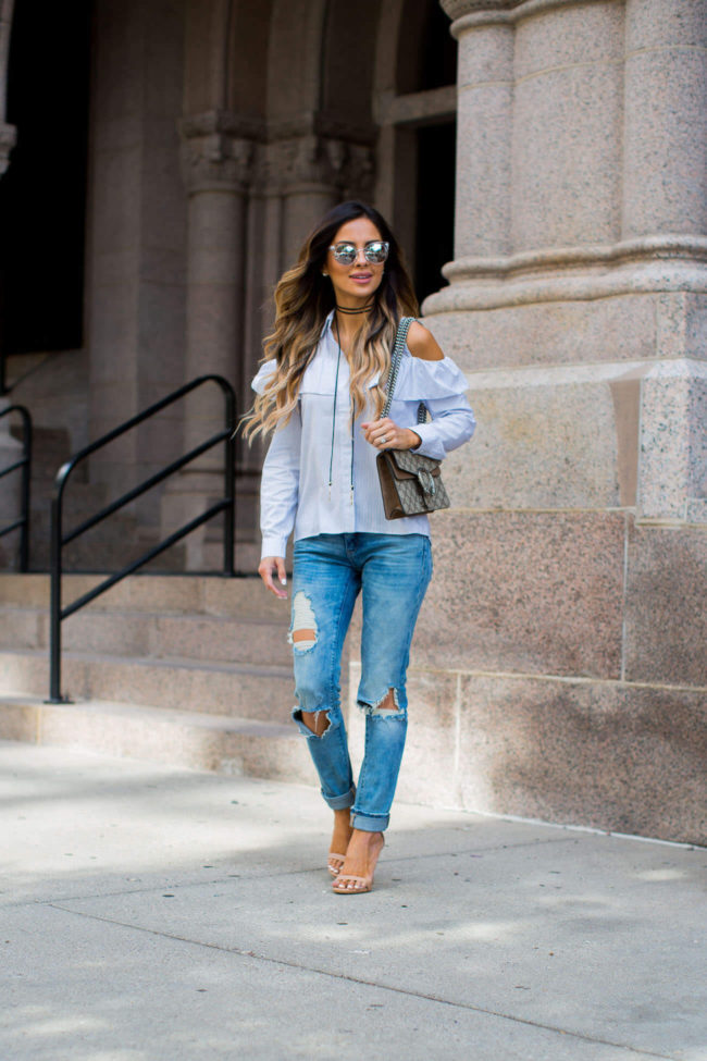 fashion blogger mia mia mine in a cold shoulder top from topshop