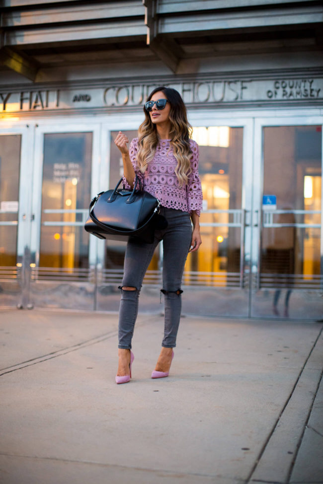 fashion blogger mia mia mine in a lilac top from shopbop and jeans from nordstrom