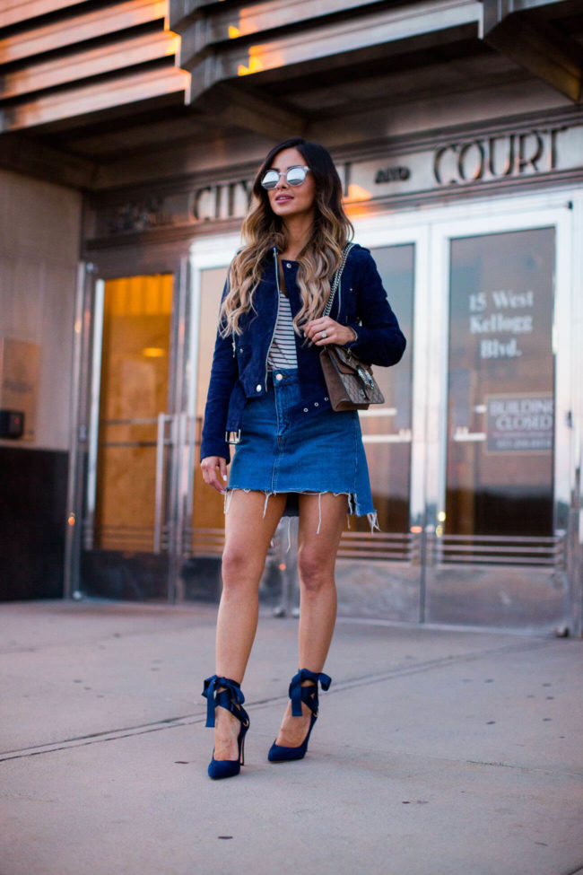 mia mia mine wearing blue suede by alice + olivia