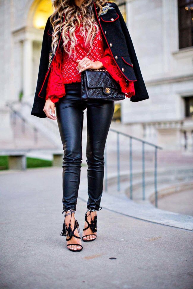 fashion blogger mia mia mine in leather pants and an embroidered jacket from zara