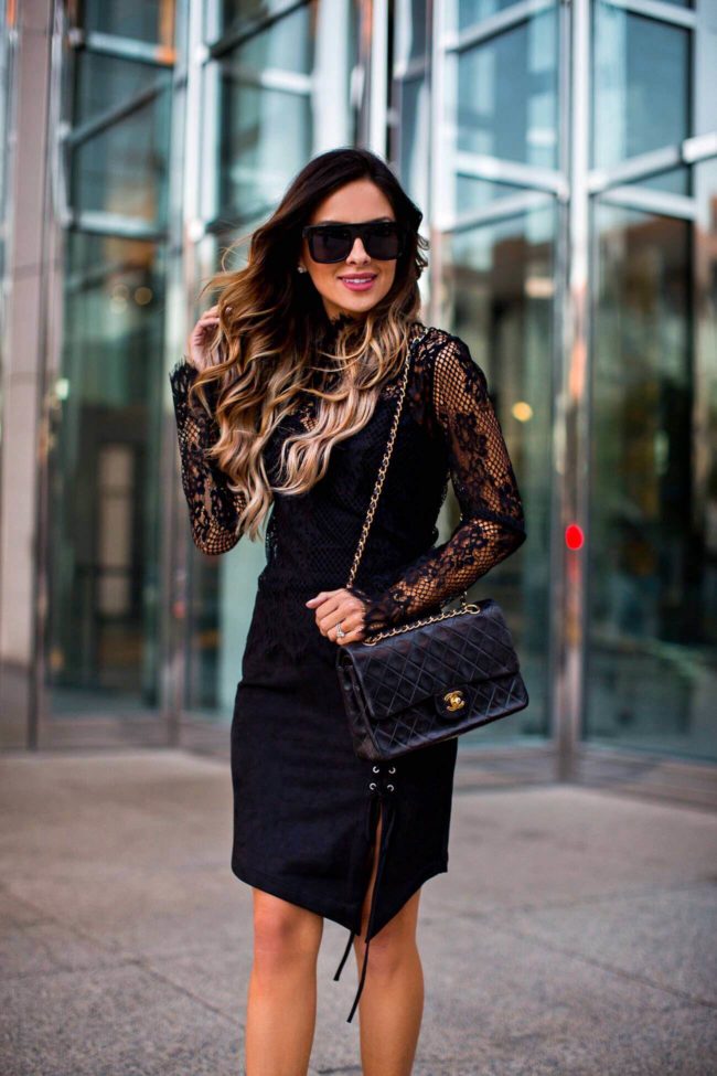 Maria Vizuete in a lace topshop top from nordstrom and a lace-up suede skirt