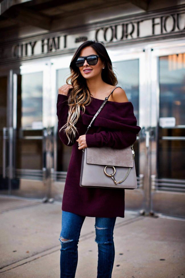 minnesota fashion blogger mia mia mine wearing a burgundy off-the-shoulder sweater from nordstrom