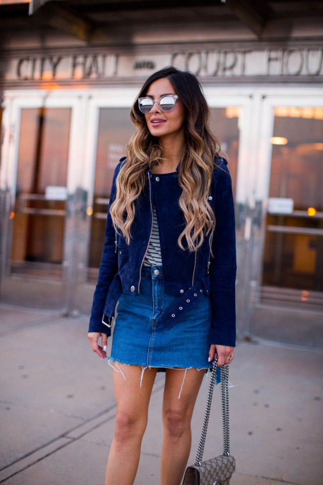 fashion blogger mia mia mine in a blue suede jacket from nordstrom