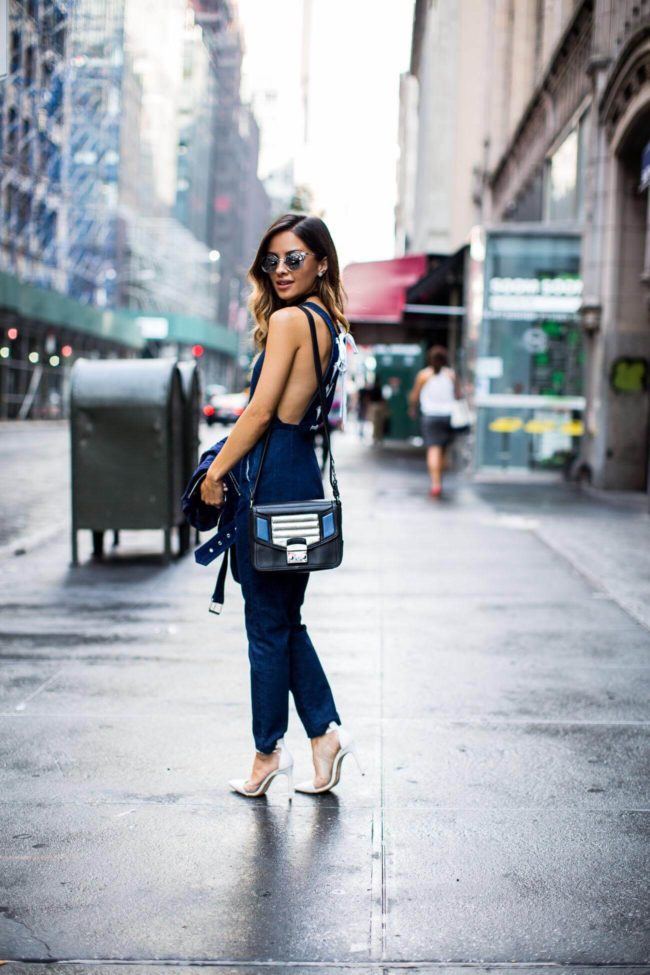 fashion blogger mia mia mine in an kendall + kylie jumpsuit at NYFW