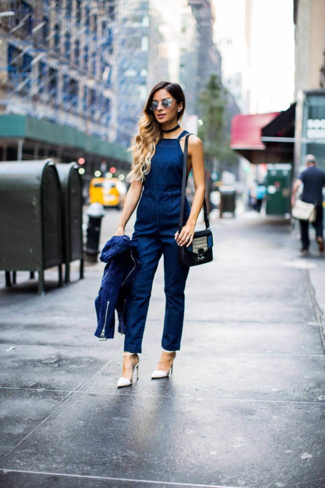 mia mia mine in a denim jumpsuit by kendall + kylie at new york fashion week