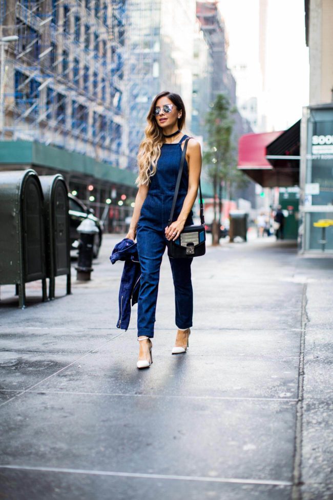 maria vizuete in a denim jumpsuit by kendall and kylie at new york fashion week