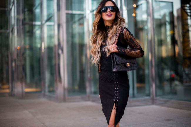 Mia mia mine carrying a chanel 2.55 bag and wearing a lace-up skirt from nordstrom