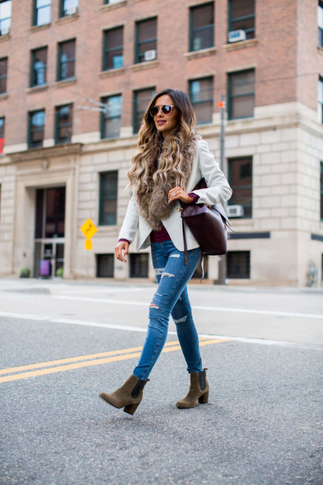 fashion blogger mia mia mine wearing booties by sole society and a faux fur stole