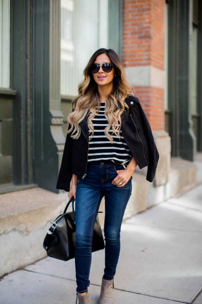 fashion blogger mia mia mine in a striped top from old navy and a moto jacket