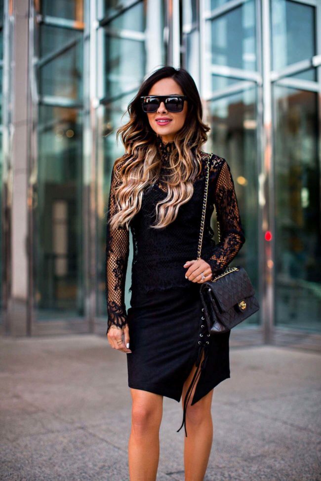 mia mia mine wearing a topshop lace top and lace-up black suede skirt from nordstrom