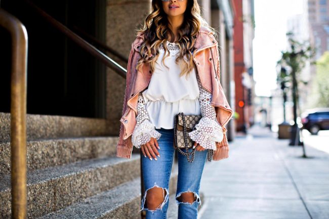 fashion blogger mia mia mine in a white lace top from shopbop and carrying a gucci dionysus bag