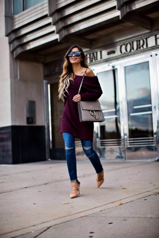 mia mia mine in a burgundy sweater from nordstrom