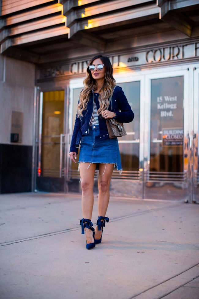 fashion blogger mia mia mine in a blue suede jacket from nordstrom 