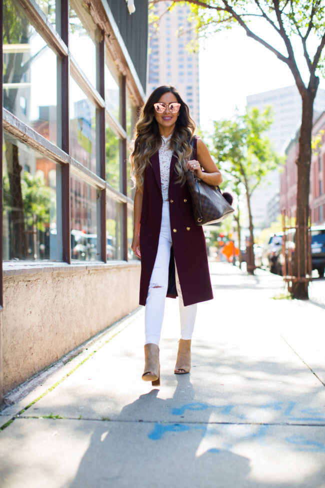 mia mia mine in a white jeans by topshop and a burgundy sleeveless trench coat from nordstrom