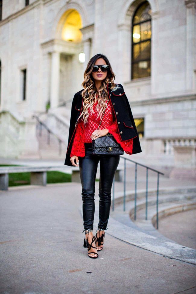mia mia mine wearing a bell sleeve top and leather pants from shopbop