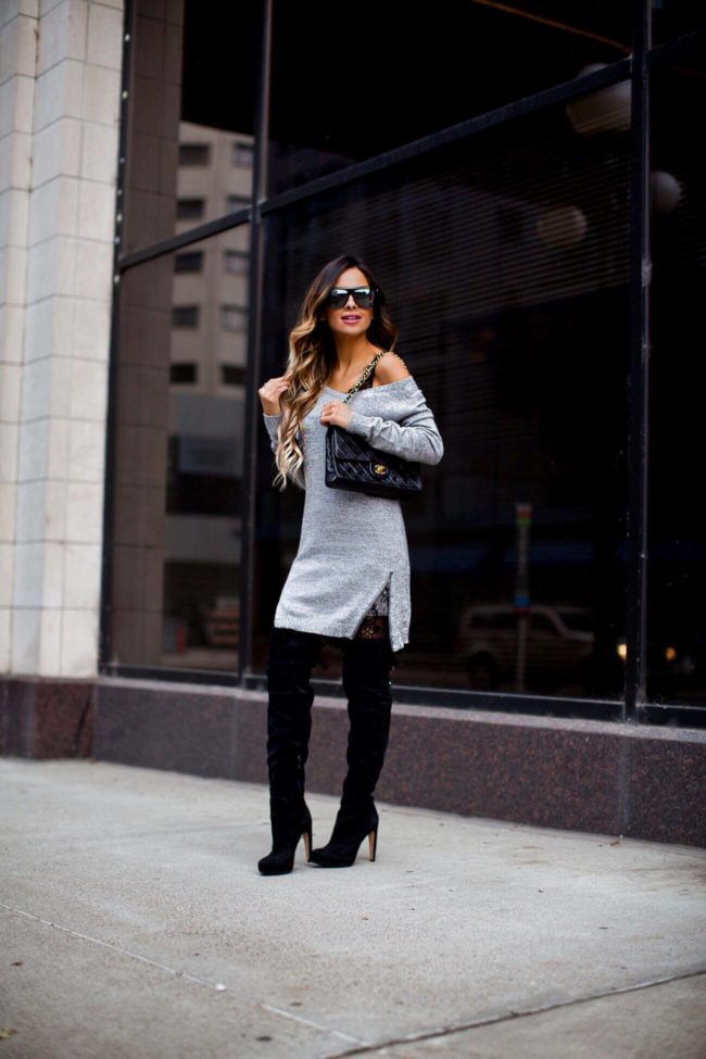 fashion blogger mia mia mine wearing a gray sweater dress and over-the-knee boots from nordstrom 