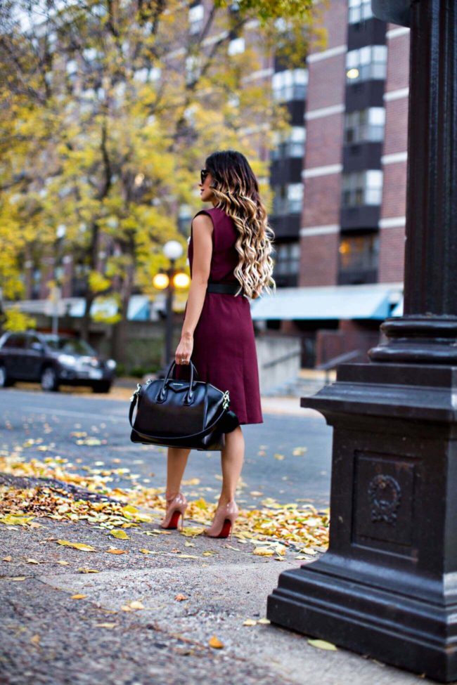 fashion blogger mia mia mine wearing a burgundy blazer from nordstrom and givenchy bag 