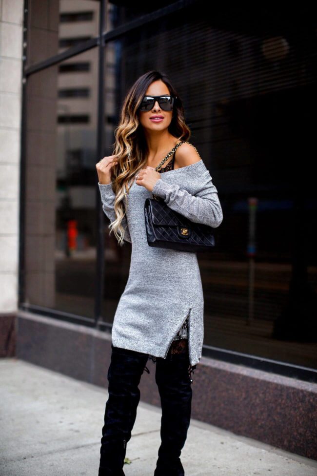 fashion blogger mia mia mine wearing a gray off-the-shoulder sweater dress from Nordstrom