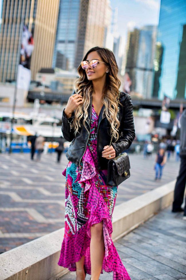 fashion blogger mia mia mine wearing a ruffle pink dress by camilla in sydney