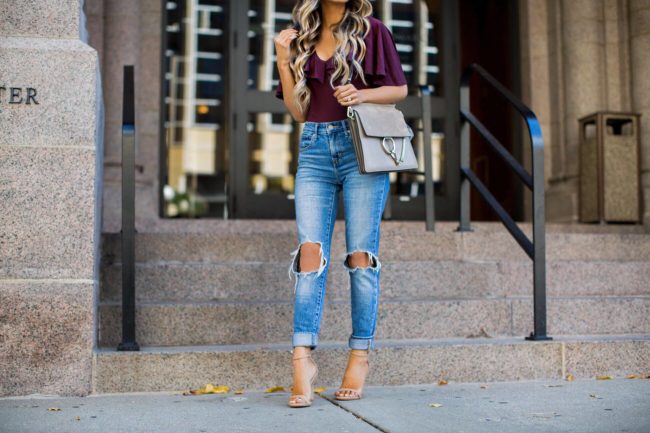 fashion blogger mia mia mine wearing wearing ripped jeans by levi's and nude heels from nordstrom