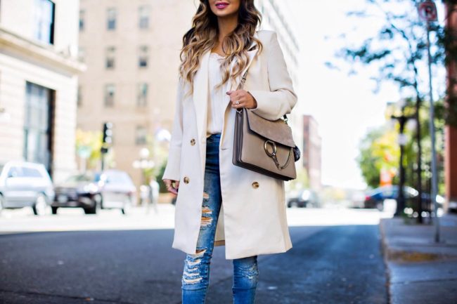 fashion blogger mia mia mine wearing a chicwish longline blazer and carrying a chloe faye bag in motty grey