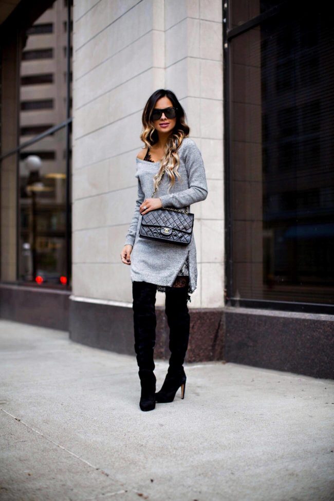 fashion blogger mia mia mine wearing a gray sweater dress from nordstrom