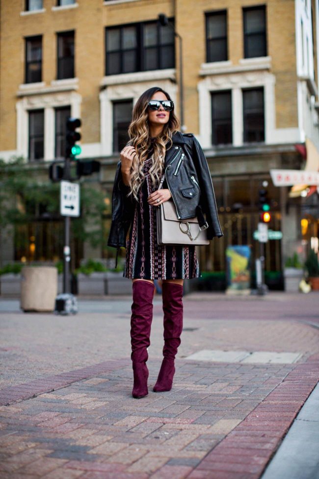fashion blogger mia mia mine wearing a free people fall dress from nordstrom and burgundy over-the-knee boots