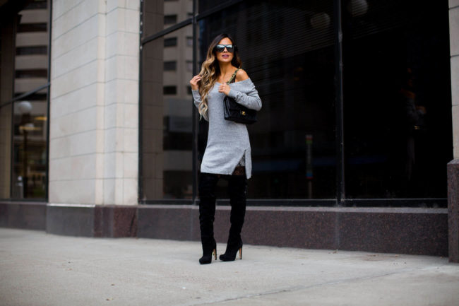 fashion blogger mia mia mine wearing a gray sweater dress and over-the-knee boots by sam edelman from nordstrom