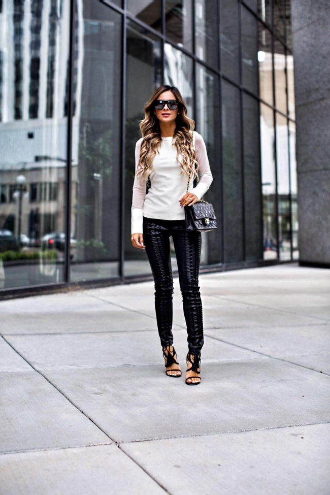 fashion blogger mia mia mine wearing black lace-up leather pants by blank denim