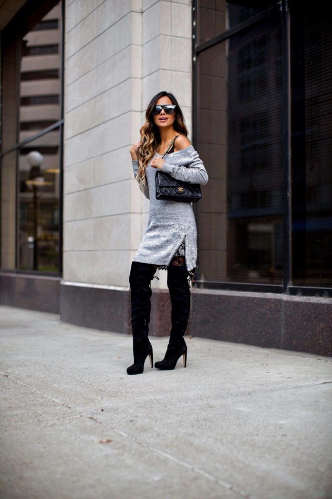 mia mia mine in a gray sweater dress and over-the-knee boots