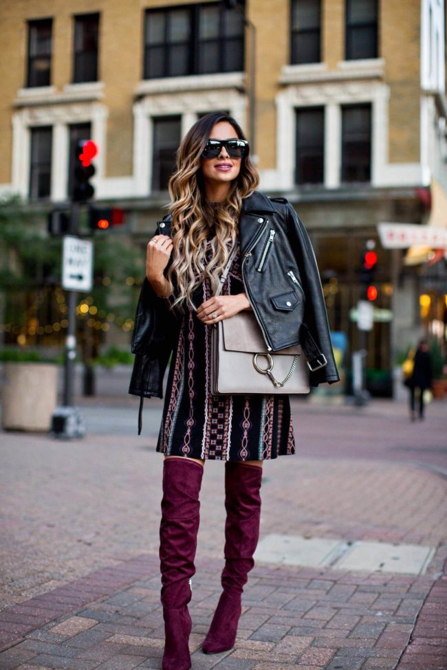 mia mia mine wearing a leather jacket and a chloe faye bag from nordstrom