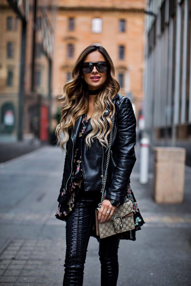 fashion blogger mia mia mine wearing lace-up leather pants by blank denim and a gucci dionysus bag