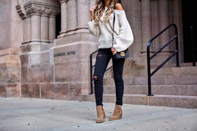 fashion blogger mia mia mine wearing suede booties from nordstrom and a furla bag