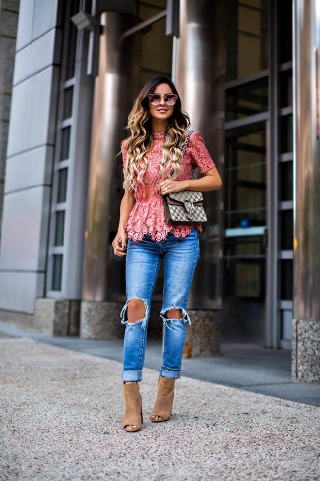 mn fashion blogger mia mia mine in a pink lace top from shopbop and a gucci dionysus bag