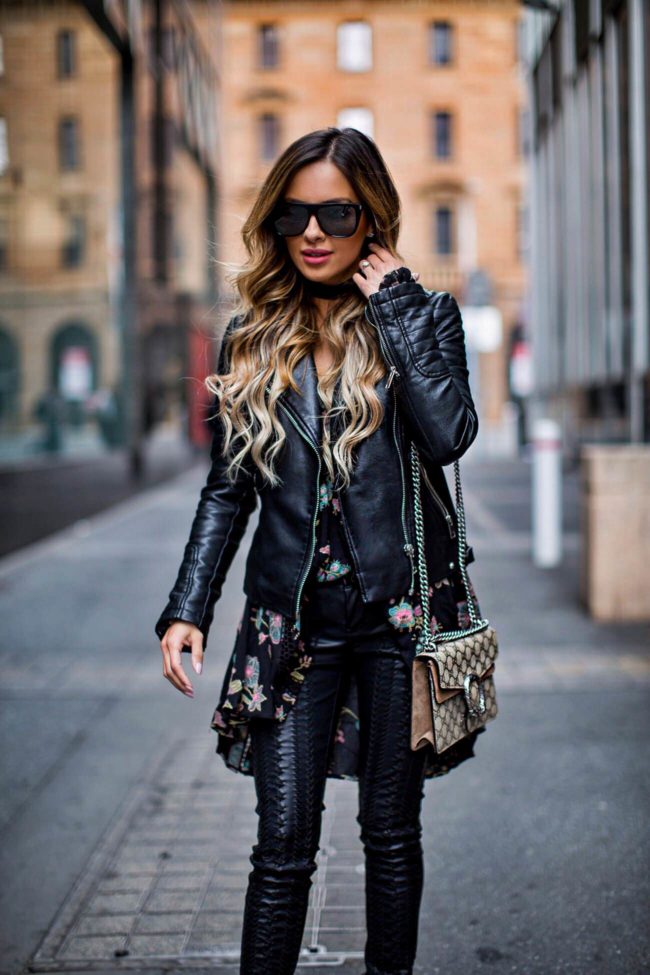 Fashion blogger Mia Mia Mine wearing a free people black tunic dress and Blank NYC embroidered leather pants from shopbop.com