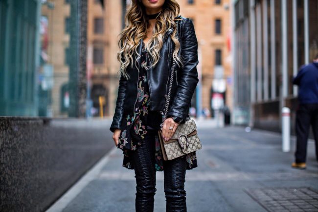Fashion blogger Mia Mia Mine in Australia wearing lace-up leather pants by Blank denim and a Gucci Dionysus bag