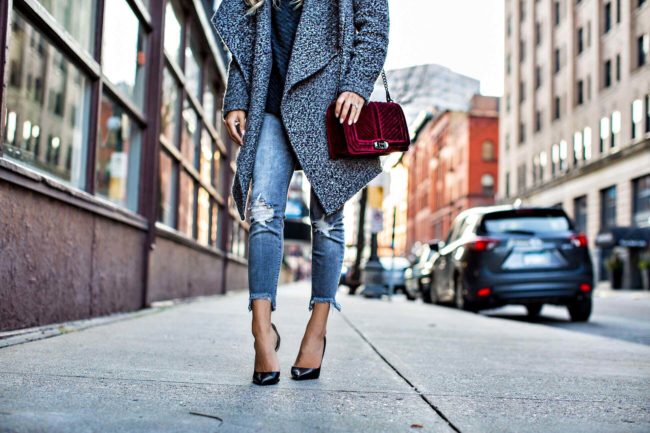 mn fashion blogger mia mia mine wearing gray ripped jeans and a gray wrap coat from H&M