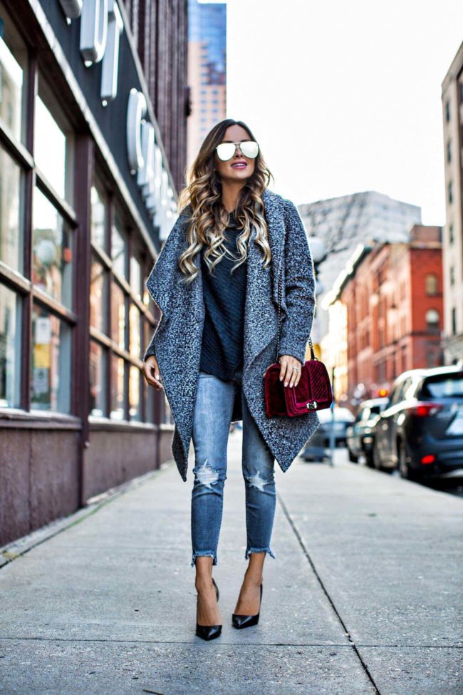 MN fashion blogger mia mia mine wearing a gray wrap jacket from H&M and a burgundy velvet bag by rebecca minkoff from shopbop