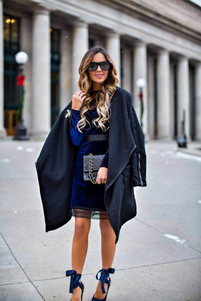 fashion blogger mia mia mine wearing a velvet dress from nordstrom and a blanknyc waterfall jacket