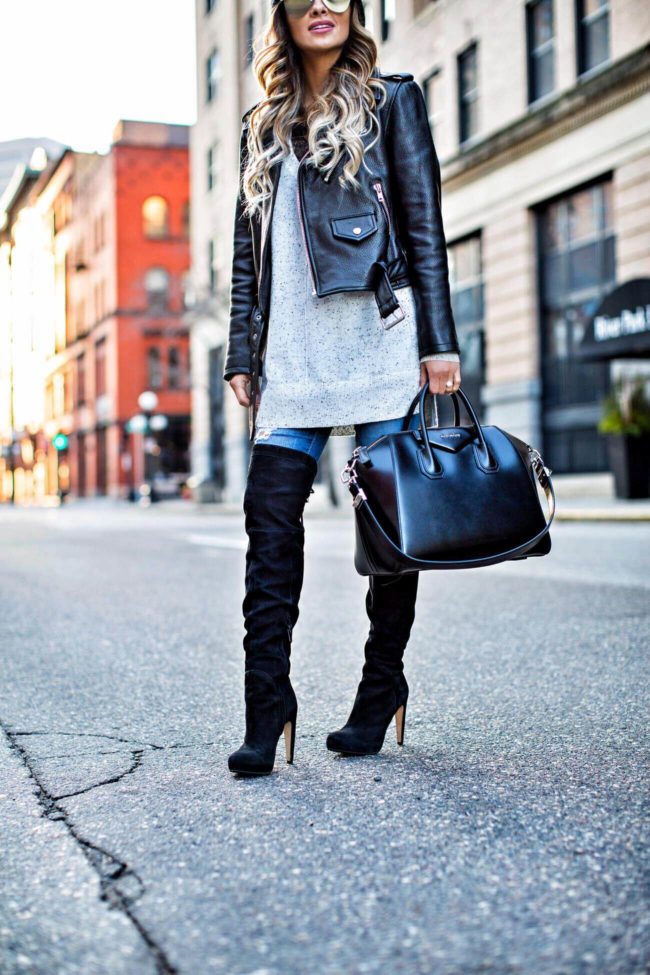 fashion blogger mia mia mine wearing over-the-knee boots from nordstrom and a leather jacket by kate spade