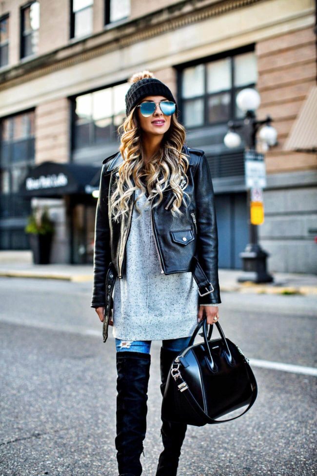 fashion blogger mia mia mine wearing a leather moto jacket and a le specs aviator sunglasses